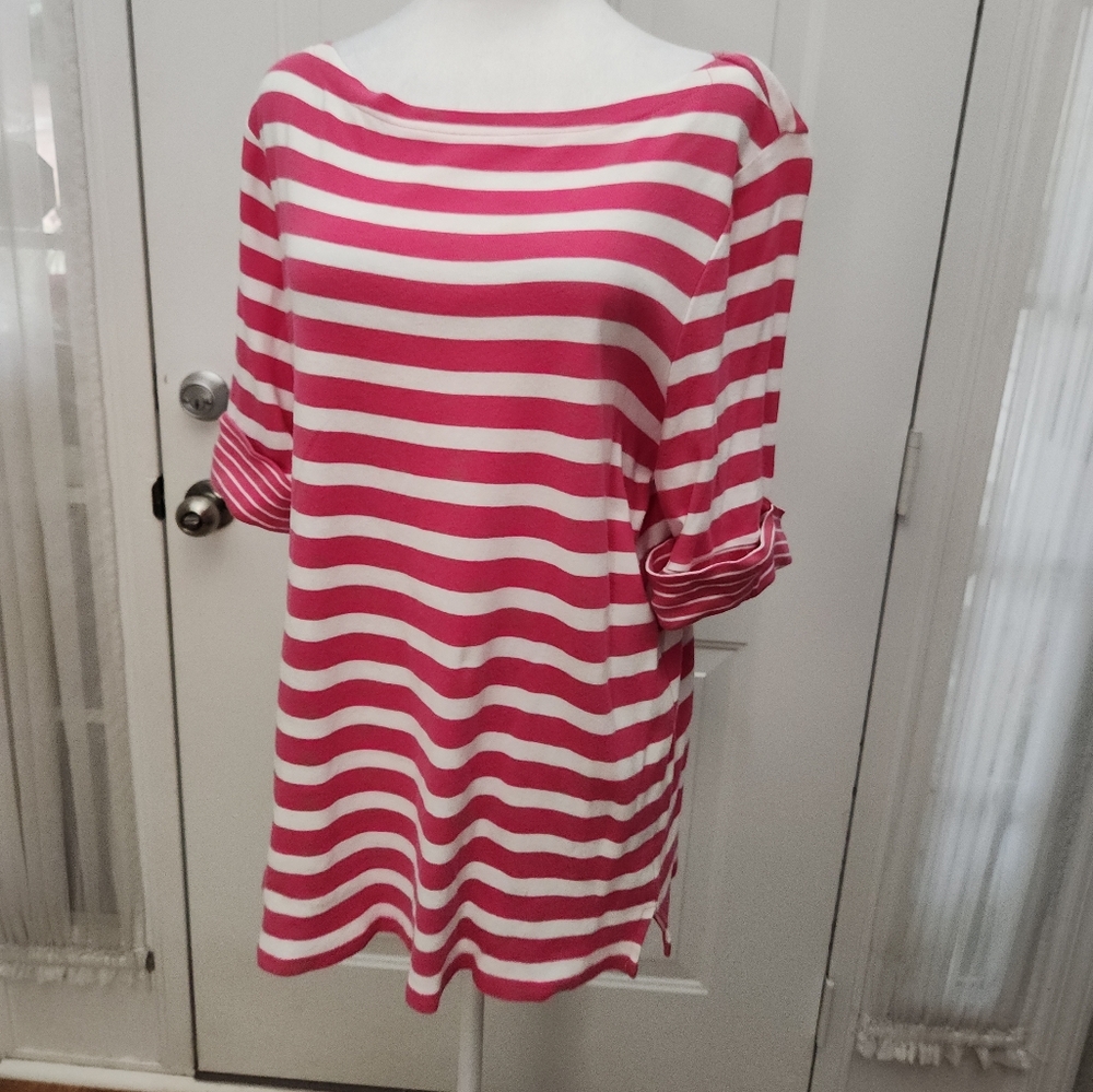 Lauren Ralph Lauren Pink and White Stripe Boatneck Shirt Plus Size 1X